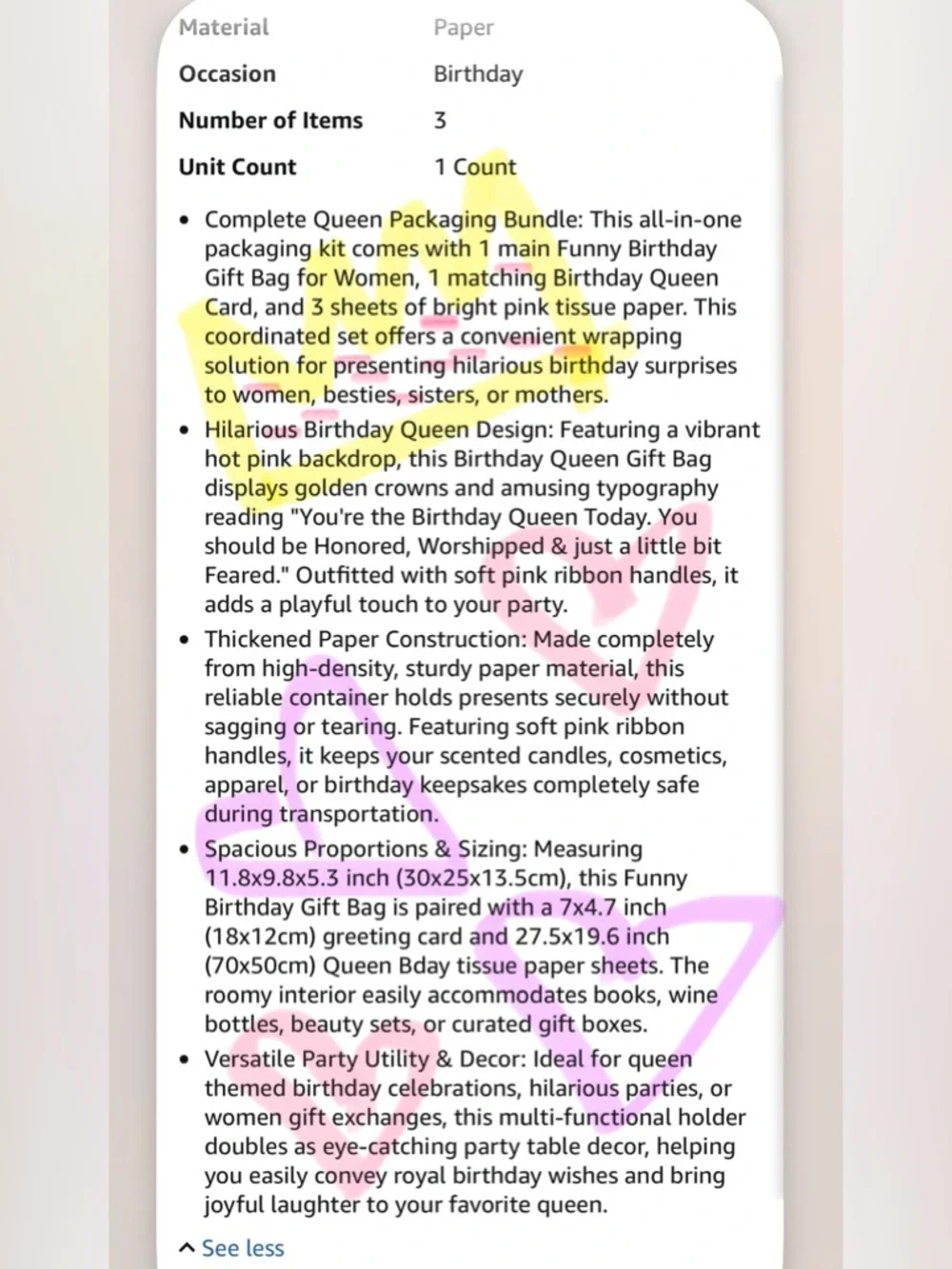 Birthday Queen Pink Gift Bag with Tissue Paper